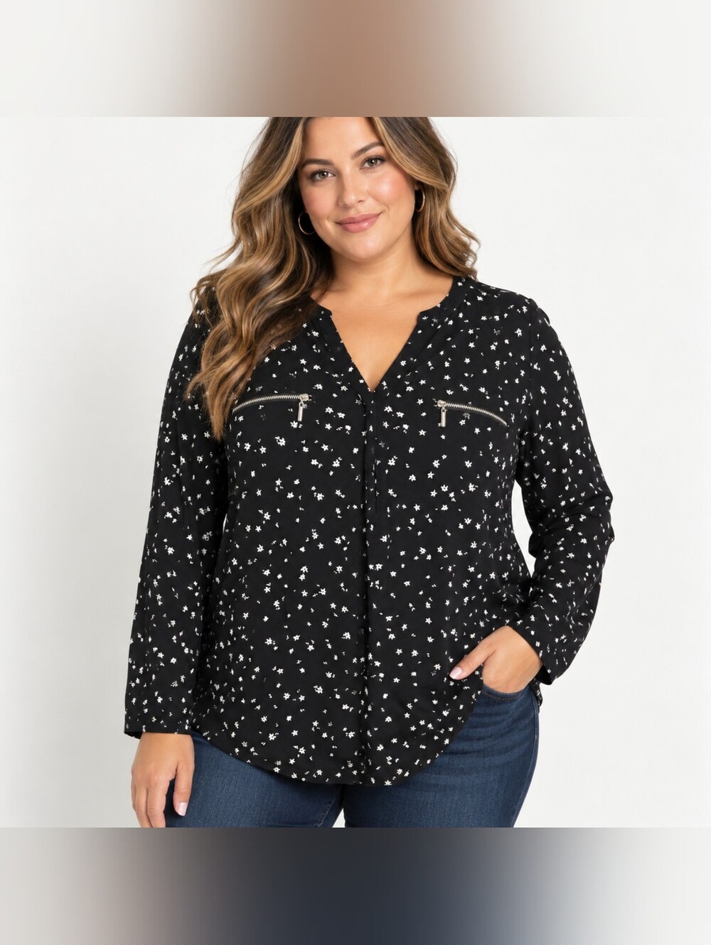 INC International Concepts 2X Black White Floral Zip Detail Long Sleeve Top Fall